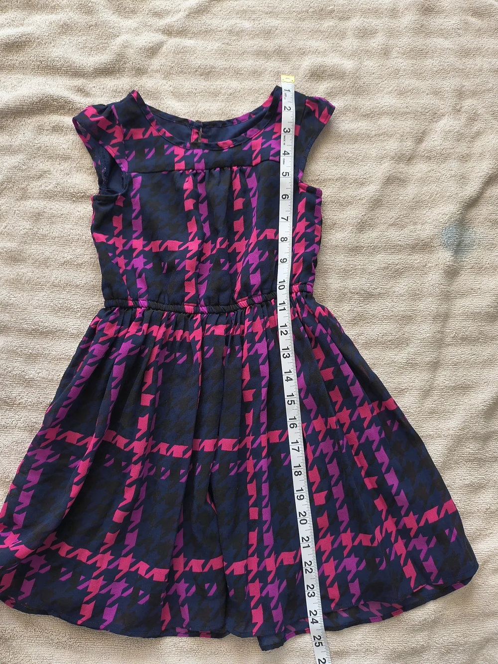 Girls Navy and Hot Pink Patterned Houndstooth Dress